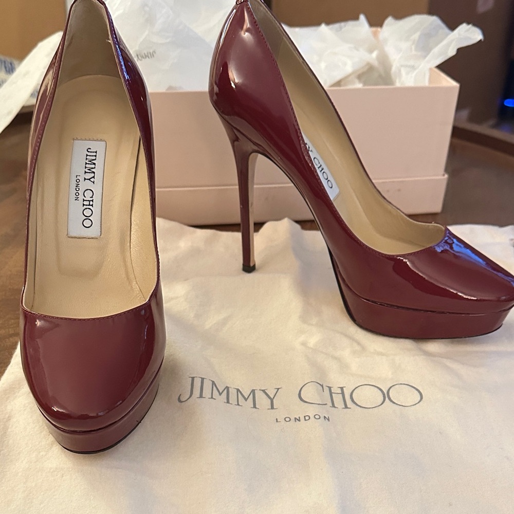 Like New Jimmy Choo Ruby Red Patent Leather Platform Pumps